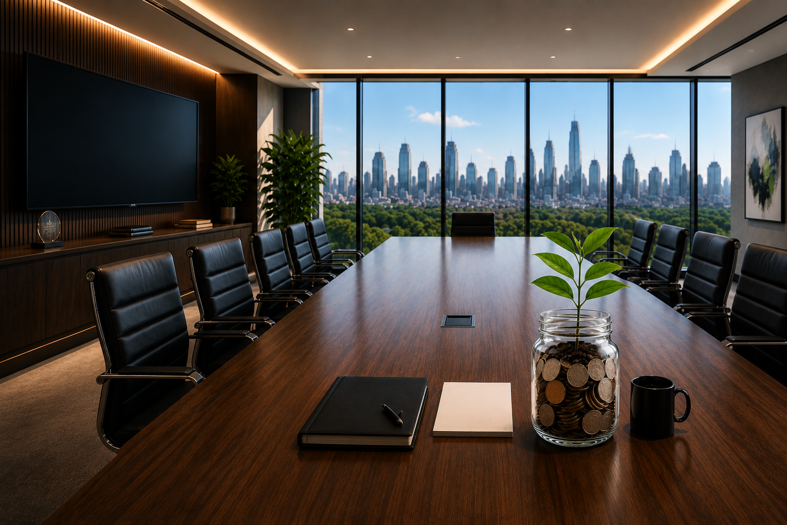 A boardroom with a jar of coins and a growing seedling, representing long-term value