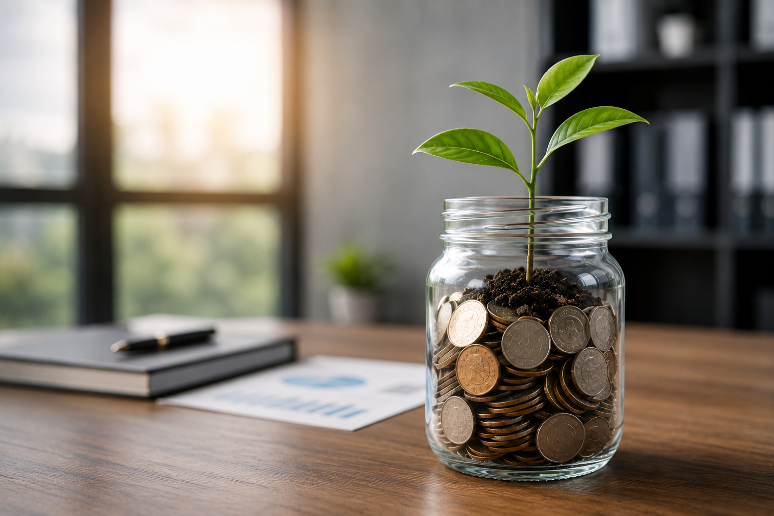 A jar of coins with a growing seedling, representing capital raised for growth